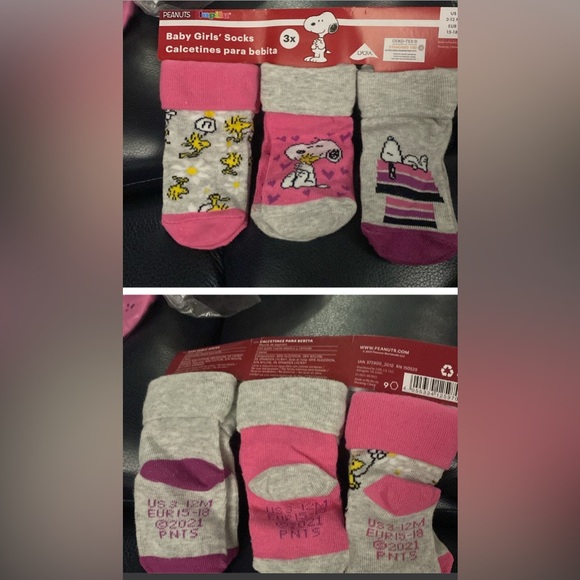 Peanuts socks baby girl pink and grey. Size 3-12M by lupilu. Set of (3). - Picture 1 of 12